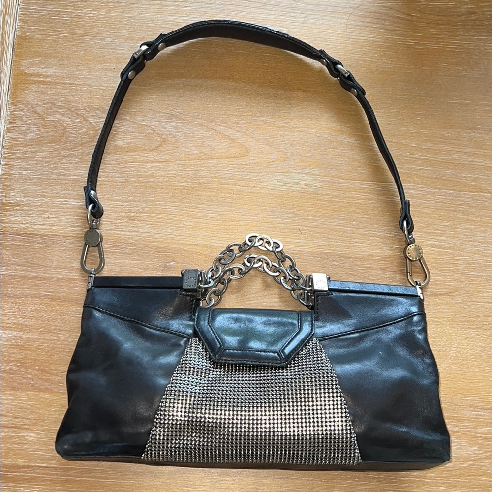 BCBGMaxAzria Black and Silver Shoulder Bag with Metallic Accents